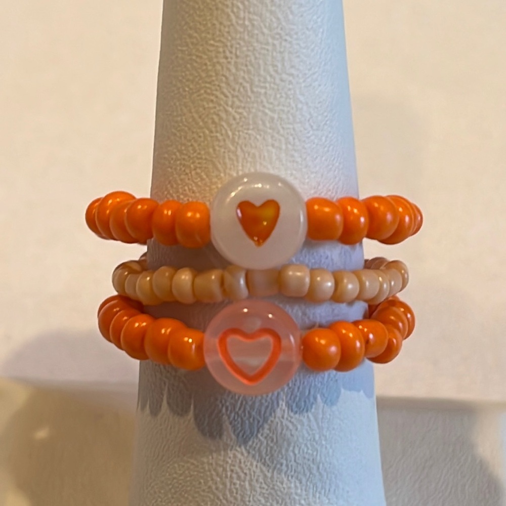 Handmade Orange Hearts Beaded Rings Set, Stretchy